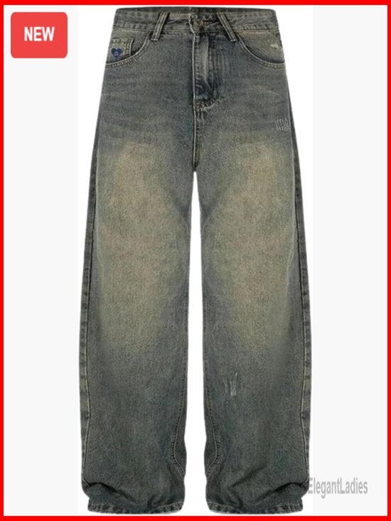 Denim - Vintage Distressed Wide Leg Denim Pants with Cut Off Hem Loose Fit